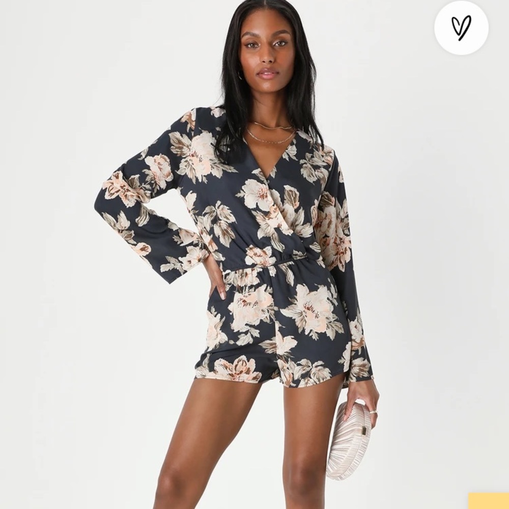 Lulus Prairie Daydream Washed Navy Blue Floral Print Romper